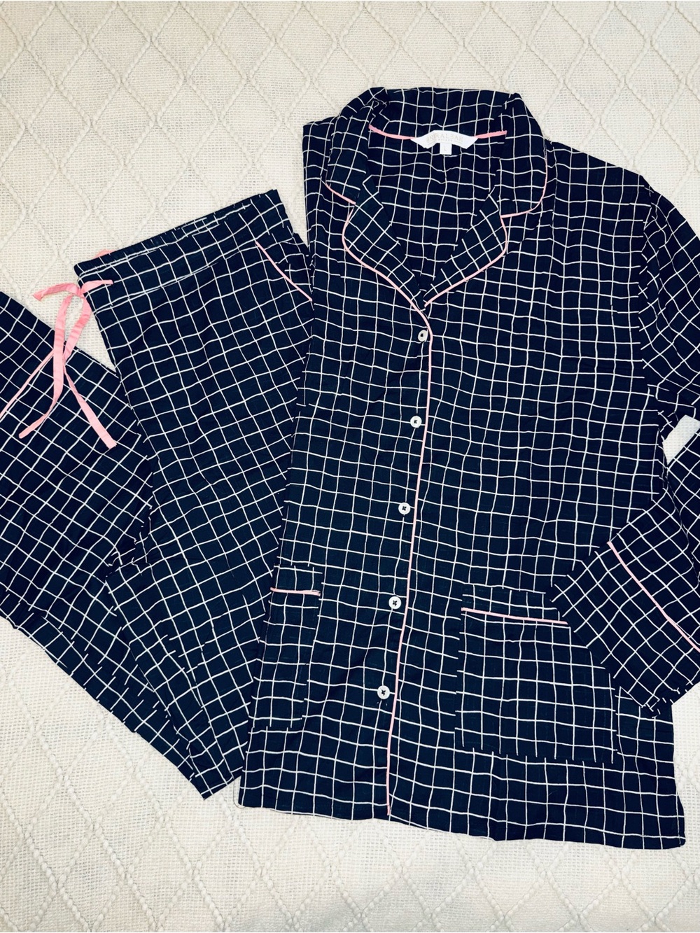 Shiraleah Women’s Navy Grid Pajama Set with Pink Trim L
